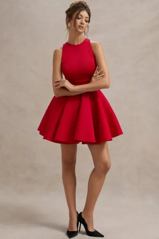 Waverly | Red Racer-Neck Sleeveless Skater Mini Dress