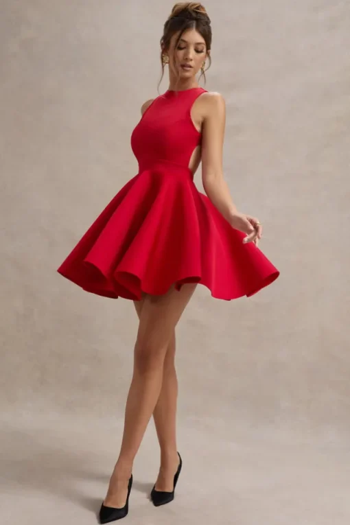 Waverly | Red Racer-Neck Sleeveless Skater Mini Dress
