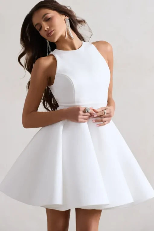 Waverly | White Racer-Neck Sleeveless Skater Mini Dress