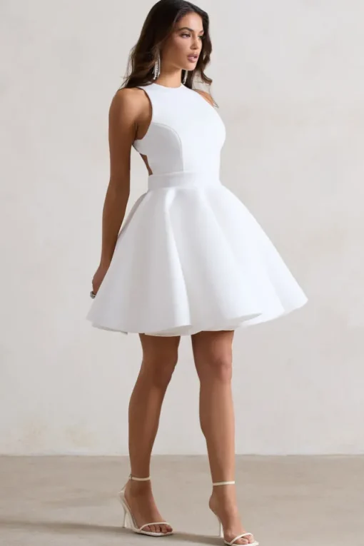 Waverly | White Racer-Neck Sleeveless Skater Mini Dress