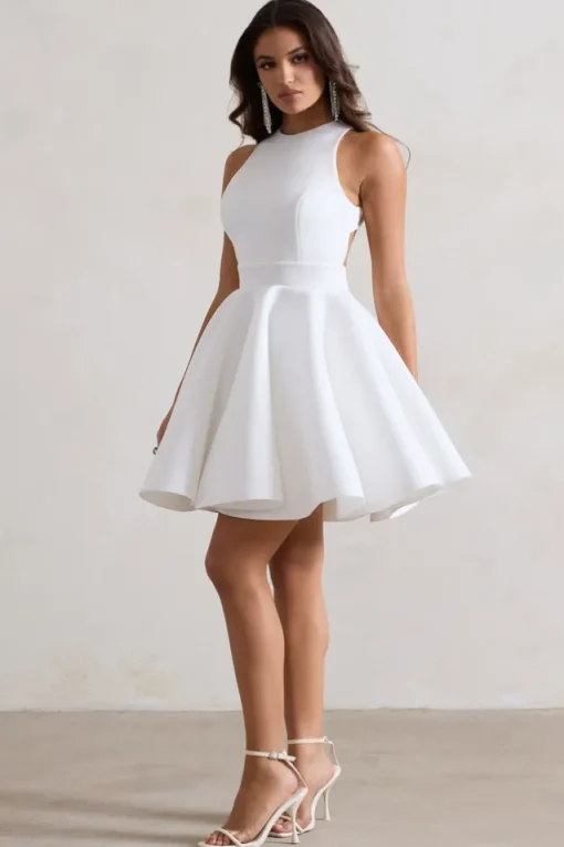 Waverly | White Racer-Neck Sleeveless Skater Mini Dress