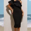 When In Rome | Black Asymmetric Ruffle Midi Dress