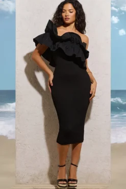 When In Rome | Black Asymmetric Ruffle Midi Dress
