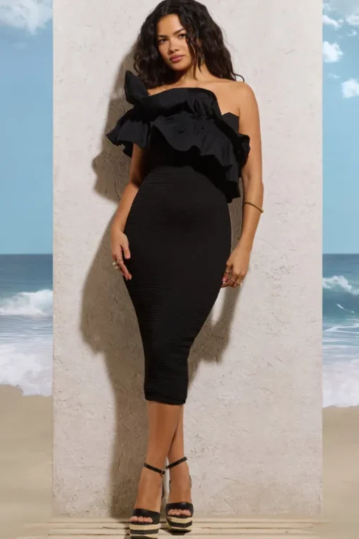 When In Rome | Black Asymmetric Ruffle Midi Dress