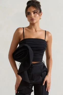 Whirlwind | Black Strappy Top With Oversized Ruffle Detail