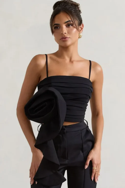 Whirlwind | Black Strappy Top With Oversized Ruffle Detail