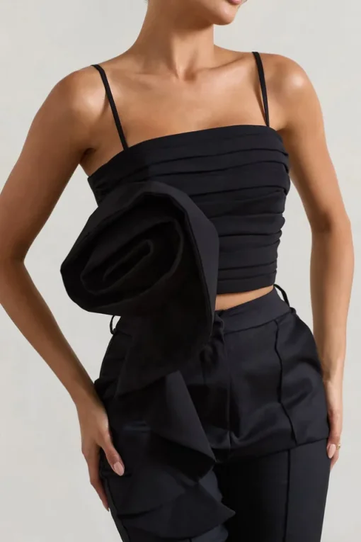 Whirlwind | Black Strappy Top With Oversized Ruffle Detail