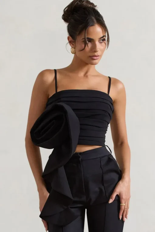 Whirlwind | Black Strappy Top With Oversized Ruffle Detail