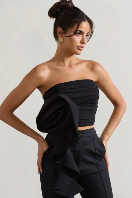 Whirlwind | Black Strappy Top With Oversized Ruffle Detail