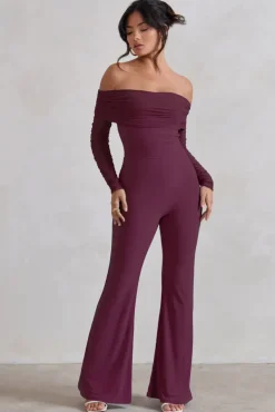 Whisper | Burgundy Ruched Mesh Bardot Jumpsuit