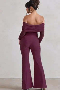 Whisper | Burgundy Ruched Mesh Bardot Jumpsuit