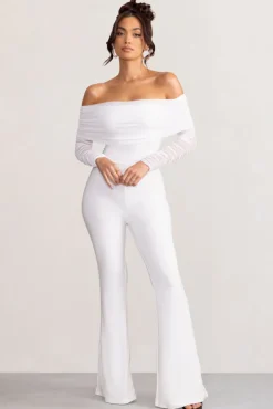 Whisper | White Ruched Mesh Bardot Jumpsuit