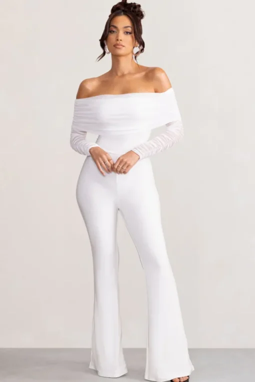 Whisper | White Ruched Mesh Bardot Jumpsuit