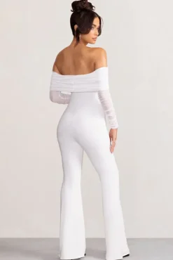 Whisper | White Ruched Mesh Bardot Jumpsuit