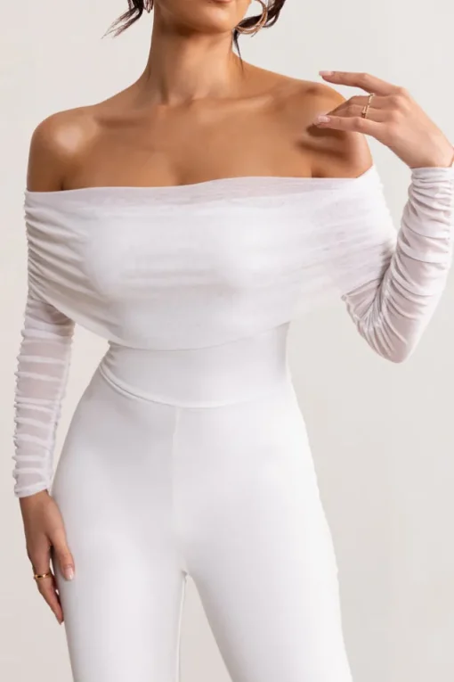 Whisper | White Ruched Mesh Bardot Jumpsuit