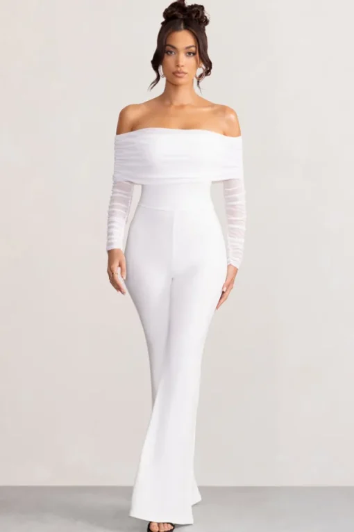 Whisper | White Ruched Mesh Bardot Jumpsuit