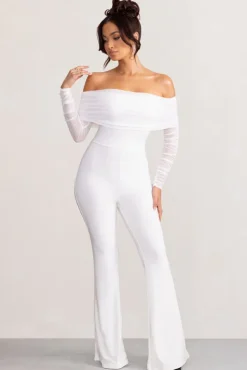 Whisper | White Ruched Mesh Bardot Jumpsuit