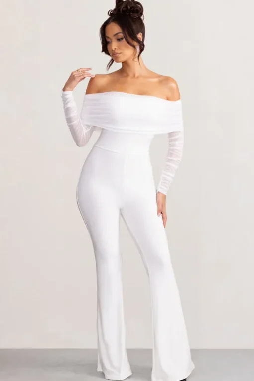 Whisper | White Ruched Mesh Bardot Jumpsuit