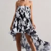 Whistler | Monochrome Floral Chiffon Bandeau High-Low Ruffled Maxi Dress