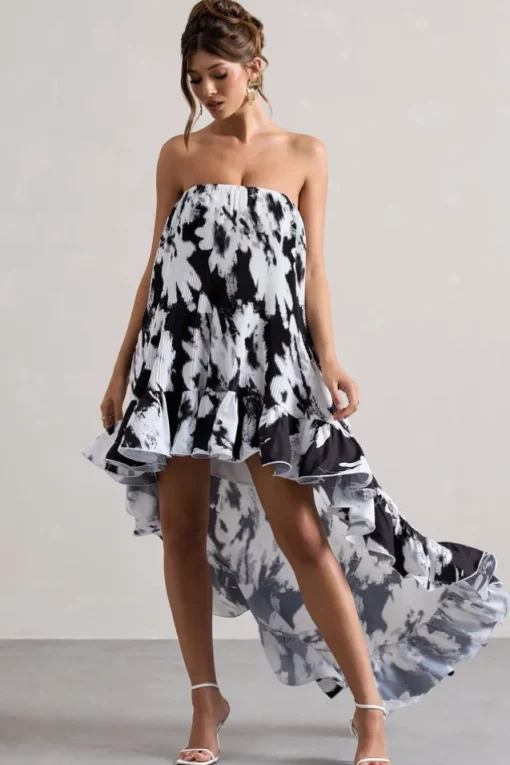 Whistler | Monochrome Floral Chiffon Bandeau High-Low Ruffled Maxi Dress