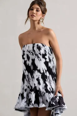 Whistler | Monochrome Floral Chiffon Bandeau High-Low Ruffled Maxi Dress