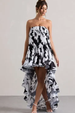 Whistler | Monochrome Floral Chiffon Bandeau High-Low Ruffled Maxi Dress