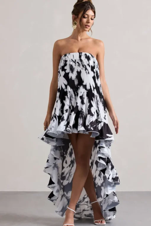 Whistler | Monochrome Floral Chiffon Bandeau High-Low Ruffled Maxi Dress