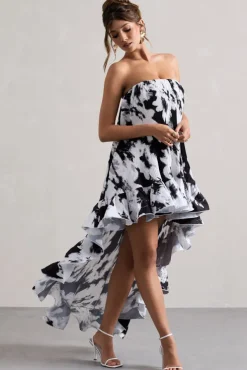 Whistler | Monochrome Floral Chiffon Bandeau High-Low Ruffled Maxi Dress
