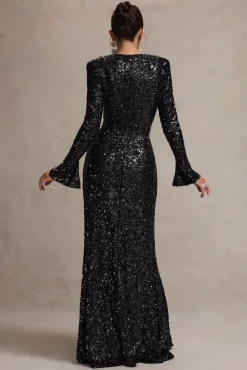 Wild Dream | Black Sequin Plunge-Neck Ruffle Split Maxi Dress