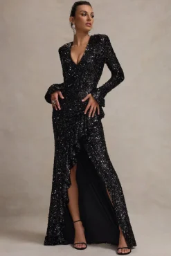 Wild Dream | Black Sequin Plunge-Neck Ruffle Split Maxi Dress