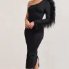 Wild One | Black One-Shoulder Bodycon Midi Dress With Feather-Trimmed Sleeve