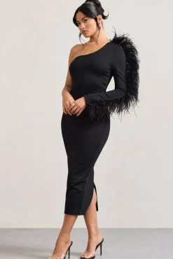 Wild One | Black One-Shoulder Bodycon Midi Dress With Feather-Trimmed Sleeve