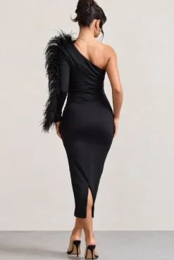 Wild One | Black One-Shoulder Bodycon Midi Dress With Feather-Trimmed Sleeve