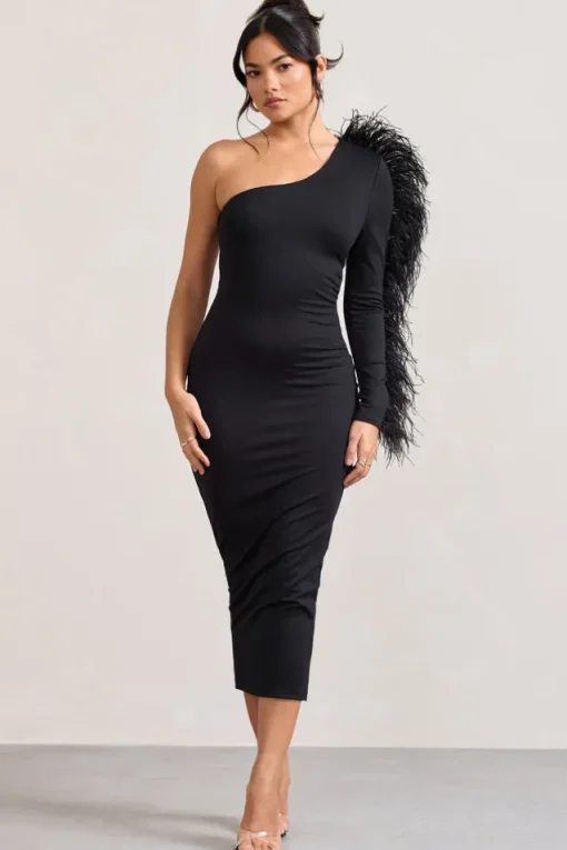 Wild One | Black One-Shoulder Bodycon Midi Dress With Feather-Trimmed Sleeve