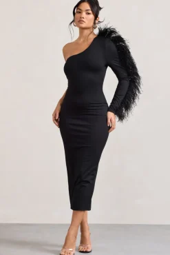 Wild One | Black One-Shoulder Bodycon Midi Dress With Feather-Trimmed Sleeve