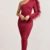 Wild One | Burgundy One-Shoulder Bodycon Midi Dress With Feather-Trimmed Sleeve