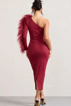 Wild One | Burgundy One-Shoulder Bodycon Midi Dress With Feather-Trimmed Sleeve