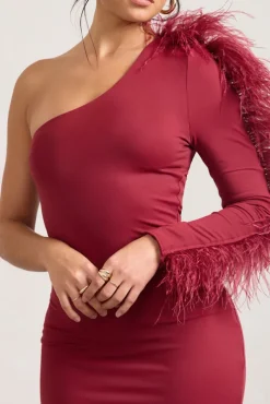 Wild One | Burgundy One-Shoulder Bodycon Midi Dress With Feather-Trimmed Sleeve