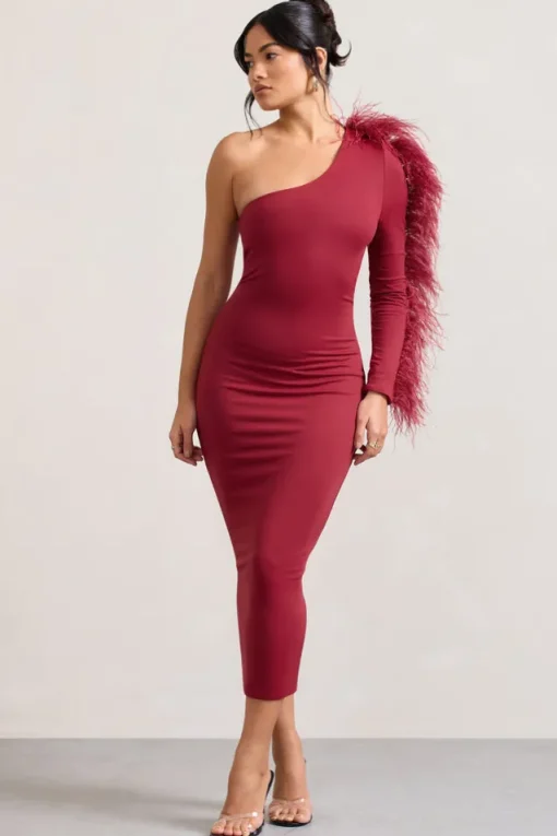 Wild One | Burgundy One-Shoulder Bodycon Midi Dress With Feather-Trimmed Sleeve