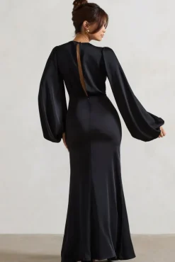 Wild Rose | Black Satin Puff-Sleeve Cut-Out Maxi Dress