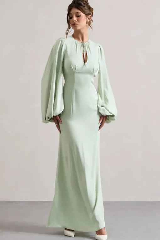 Wild Rose | Light Green Puff-Sleeve Cut-Out Maxi Dress