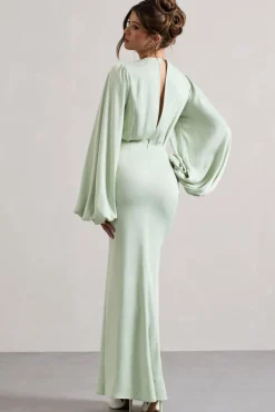 Wild Rose | Light Green Puff-Sleeve Cut-Out Maxi Dress