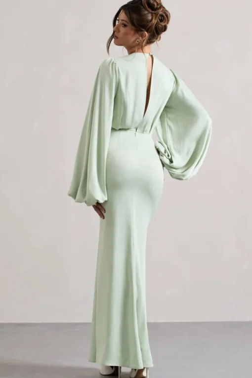 Wild Rose | Light Green Puff-Sleeve Cut-Out Maxi Dress