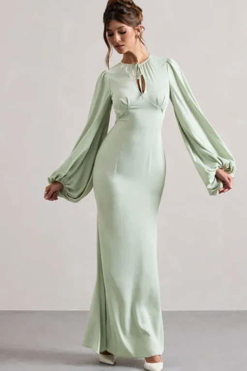 Wild Rose | Light Green Puff-Sleeve Cut-Out Maxi Dress