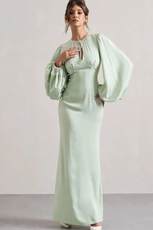 Wild Rose | Light Green Puff-Sleeve Cut-Out Maxi Dress