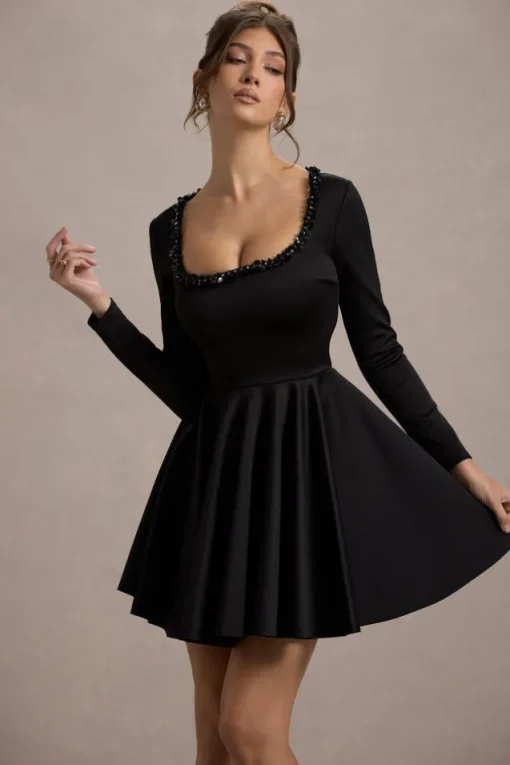Wilder | Black Square-Neck Long-Sleeve Skater Mini Dress