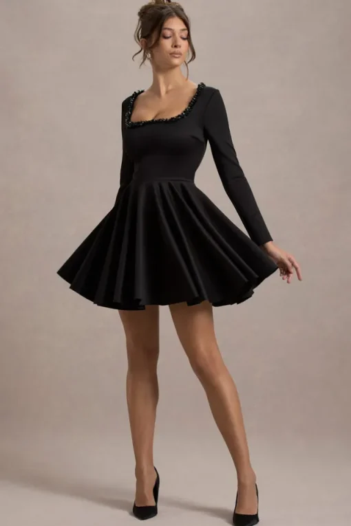 Wilder | Black Square-Neck Long-Sleeve Skater Mini Dress
