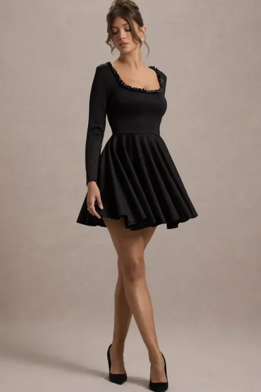 Wilder | Black Square-Neck Long-Sleeve Skater Mini Dress