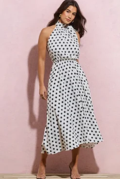 Winona | White Polka Dot High-Neck Split Midi Dress With Bow