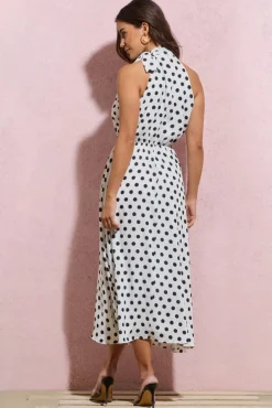 Winona | White Polka Dot High-Neck Split Midi Dress With Bow